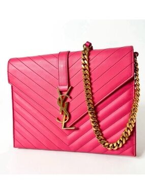 Saint Laurent YSL Cassandre Quilted Envelope Clutch Hot Pink Gold Chain Strap